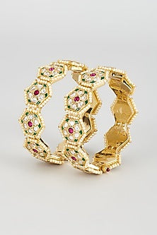 Gold Finish Kundan Polki & Pearl Bangles (Set Of 2)