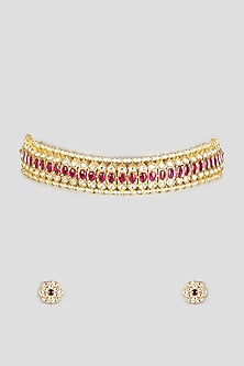 Gold Finish Kundan Polki & Red Stone Choker Necklace Set