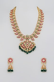 Gold Finish Kundan Polki & Multi-Colored Stone Long Necklace Set