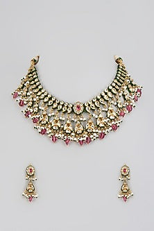 Gold Finish Kundan Polki Meenakari Necklace Set