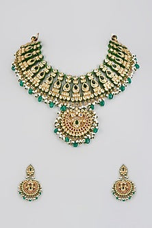 Gold Finish Kundan Polki & Green Drop Necklace Set