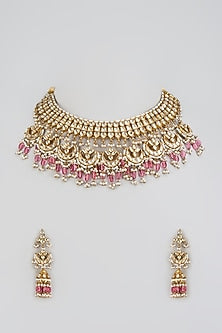 Gold Finish Kundan Polki & Pink Drop Choker Necklace Set