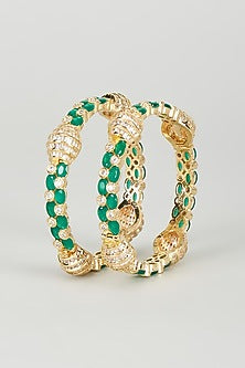 Gold Finish Emerald Synthetic Stone Bangles (Set of 2)