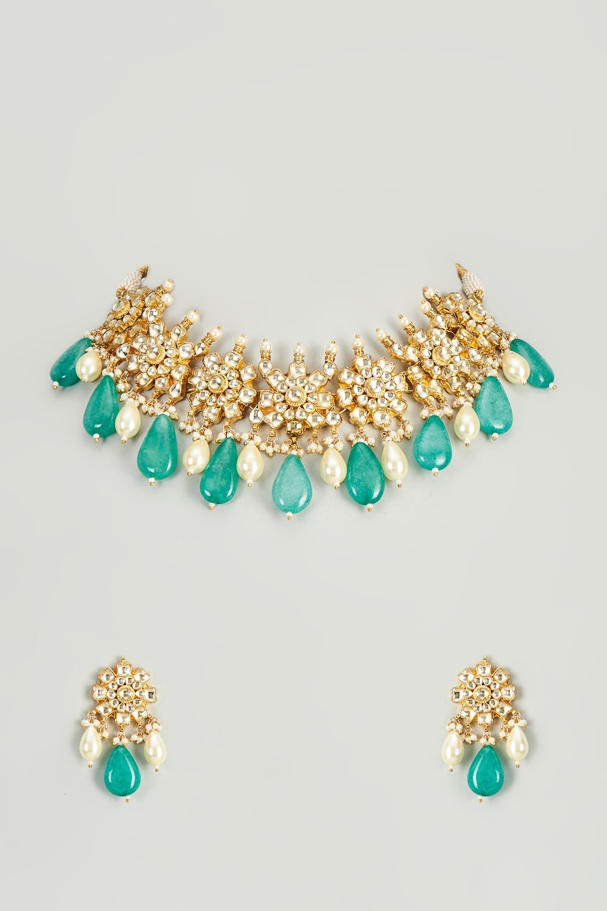 Gold Finish Kundan Polki & Green Beaded Choker Necklace Set