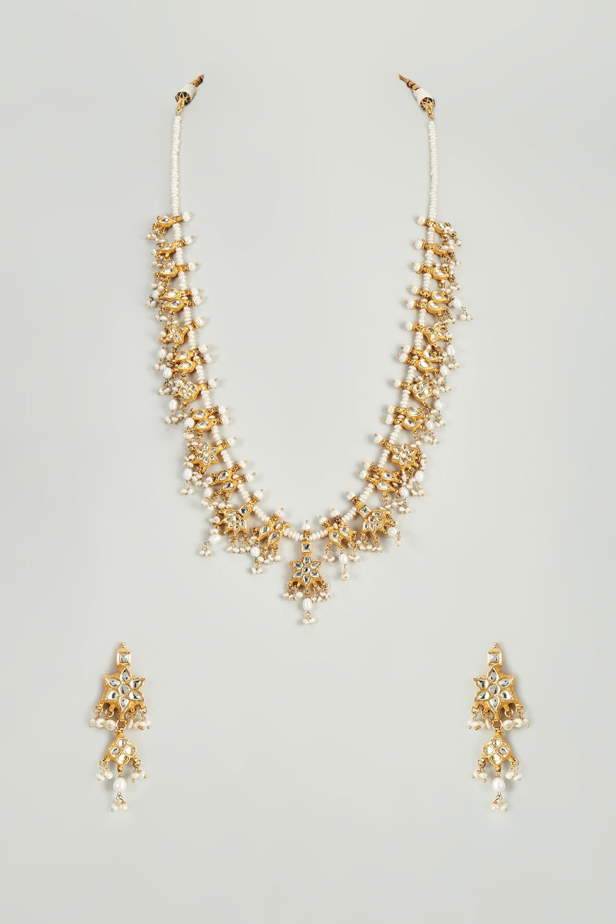 Gold Finish White Kundan Polki & Pearl Necklace Set
