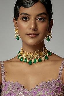 Gold Finish Kundan Polki & Green Beaded Choker Necklace Set