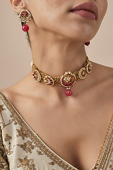 Gold Finish Kundan Polki & Ruby synthetic Stone Choker Necklace Set