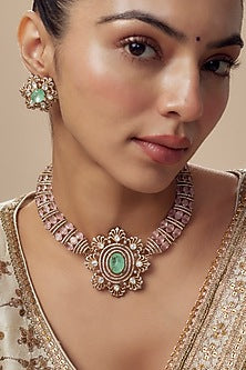 Gold Finish Kundan Polki & Green Stone Choker Necklace Set