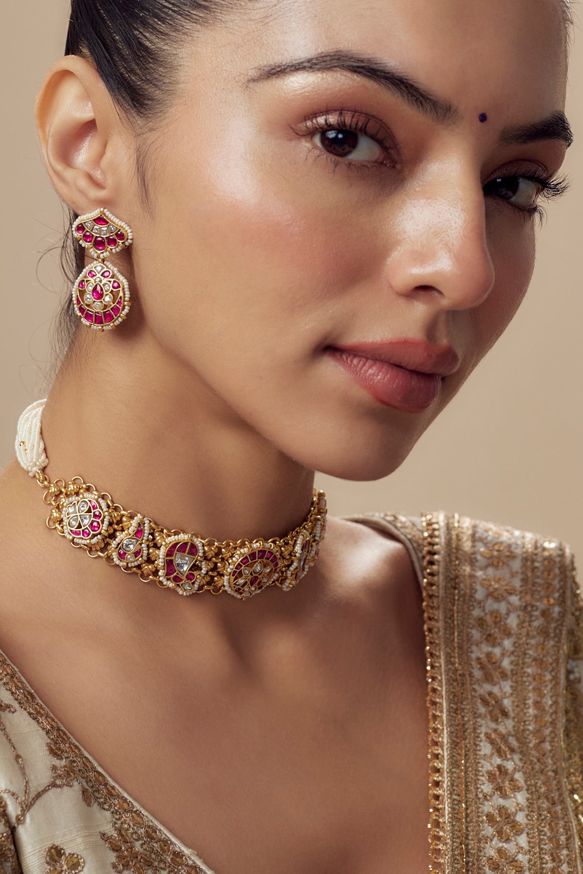Gold Finish Kundan Polki & Red Stone Choker Necklace Set