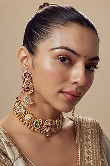Gold Finish Kundan Polki & Red Stone Choker Necklace Set