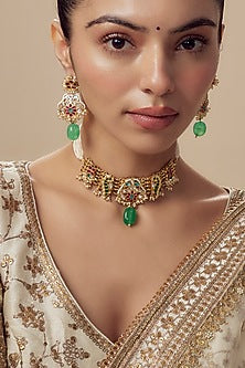 Gold Finish Kundan Polki & Multi-Colored Stone Necklace Set