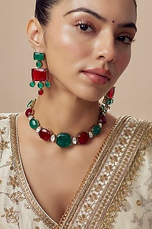 White Finish Zircon & Multi-Colored Synthetic Stone Choker Necklace Set