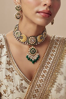 Gold Finish Kundan Polki & Multi-Colored Stone Necklace Set
