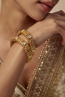 Gold Finish Kundan Polki Bangles (Set Of 2)