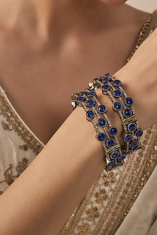 Gold Finish Blue Diamond Beaded Bangles (Set Of 2)