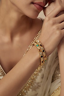 Gold Finish Kundan Polki & Multi-Colored Stone Bangles (Set Of 2)