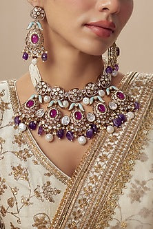 Gold Finish Kundan Polki & Multi-Colored Beaded Choker Necklace Set