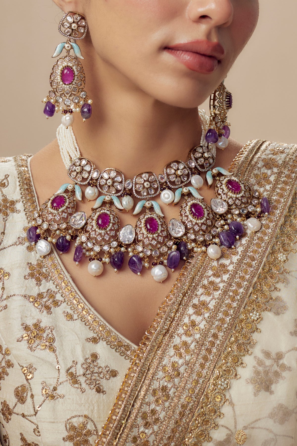 Gold Finish Kundan Polki & Multi-Colored Beaded Choker Necklace Set