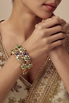 Gold Finish Floral Motifs Kundan Polki Kada (Set Of 2)