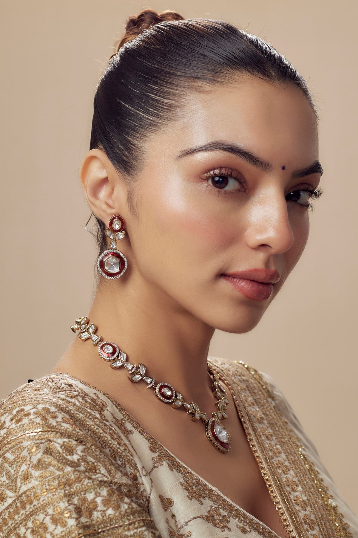 Gold Finish Kundan Polki & Red Stone Long Necklace Set