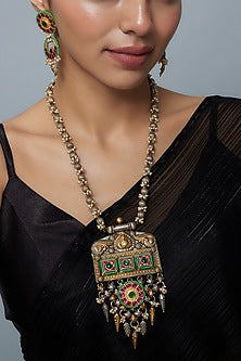 Gold Finish Kundan Polki & Multi-Colored Long Necklace Set
