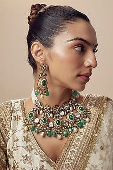 Gold Finish Kundan Polki & Aqua Stone Necklace Set