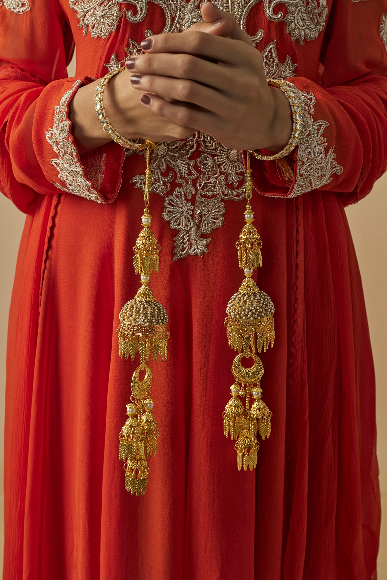 Gold Finish Kundan Polki & Pearl Strand Tying Kaleeras (Set Of 2)