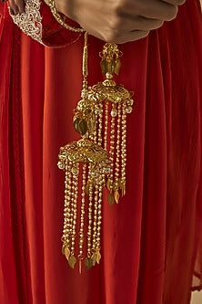 Gold Finish Kundan Polki & Pearl Strand Tying Kaleeras (Set Of 2)