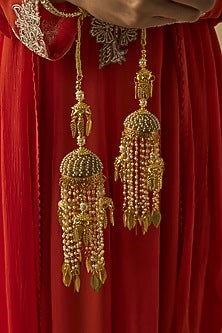 Gold Finish Kundan Polki & Pearl Strand Tying Kaleeras (Set Of 2)