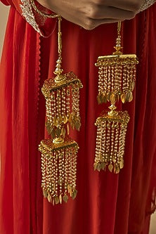 Gold Finish Kundan Polki & Pearl Strand Tying Kaleeras (Set Of 2)