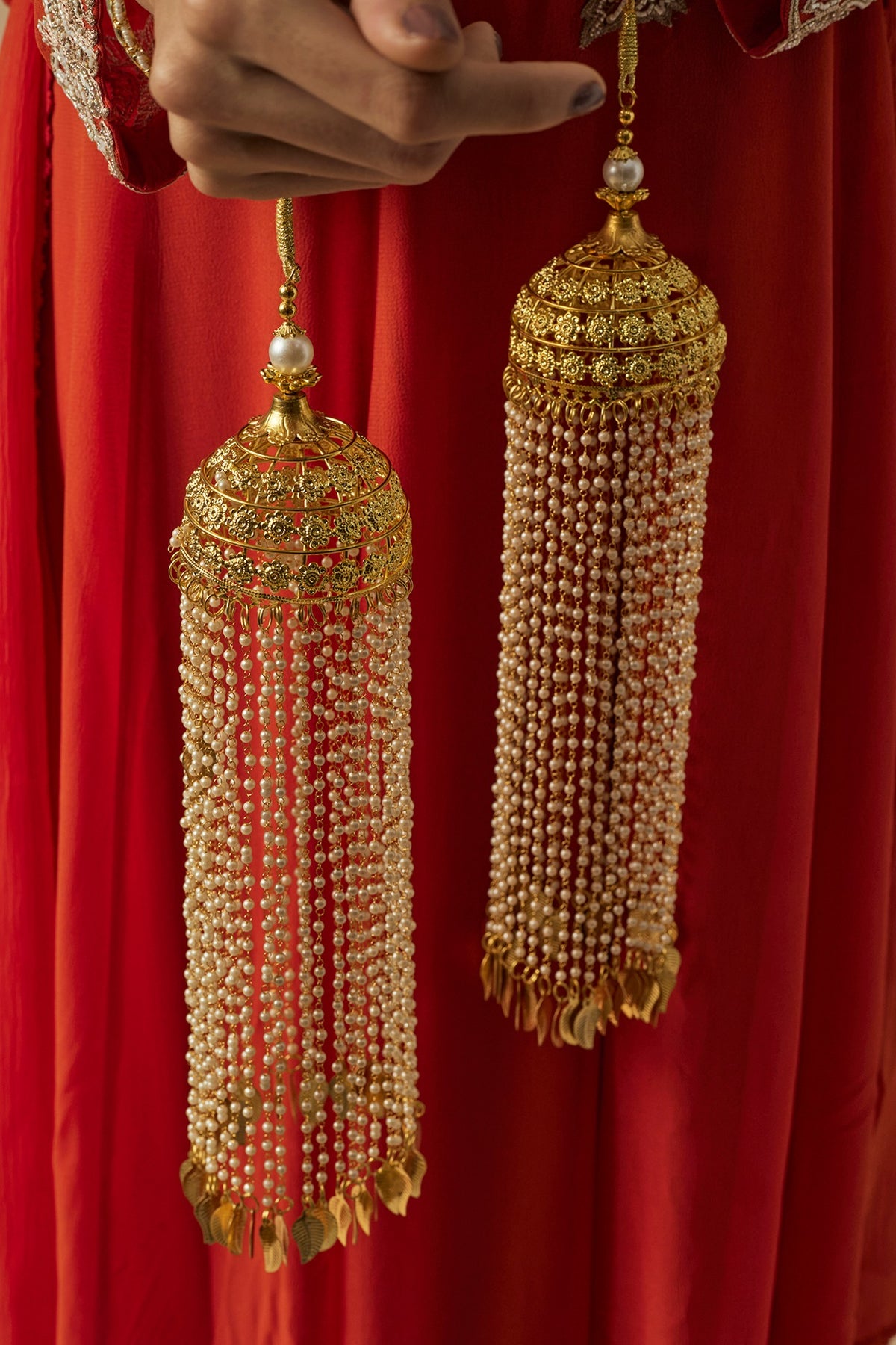 Gold Finish Kundan Polki & Pearl Strand Tying Kaleeras (Set Of 2)