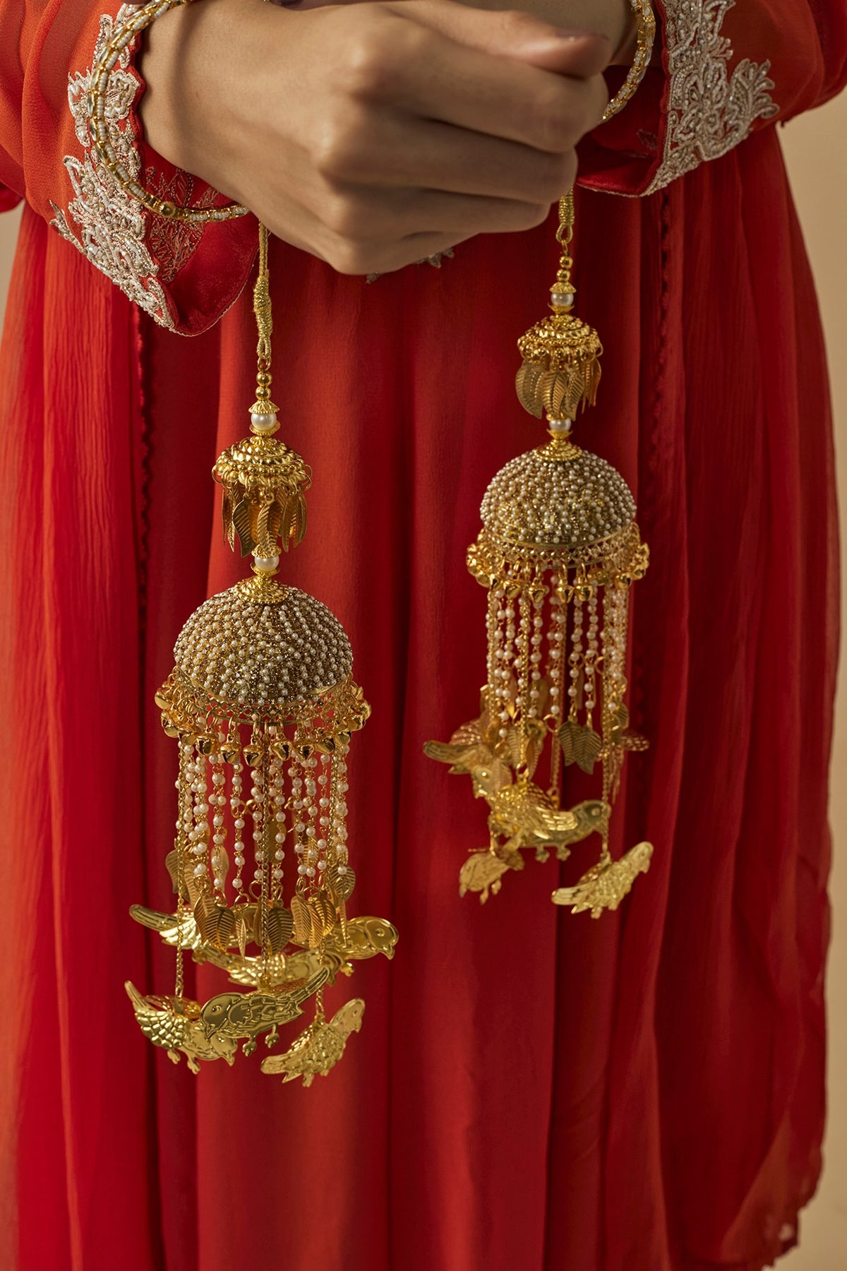 Gold Finish Kundan Polki & Pearl Strand Tying Kaleeras (Set Of 2)
