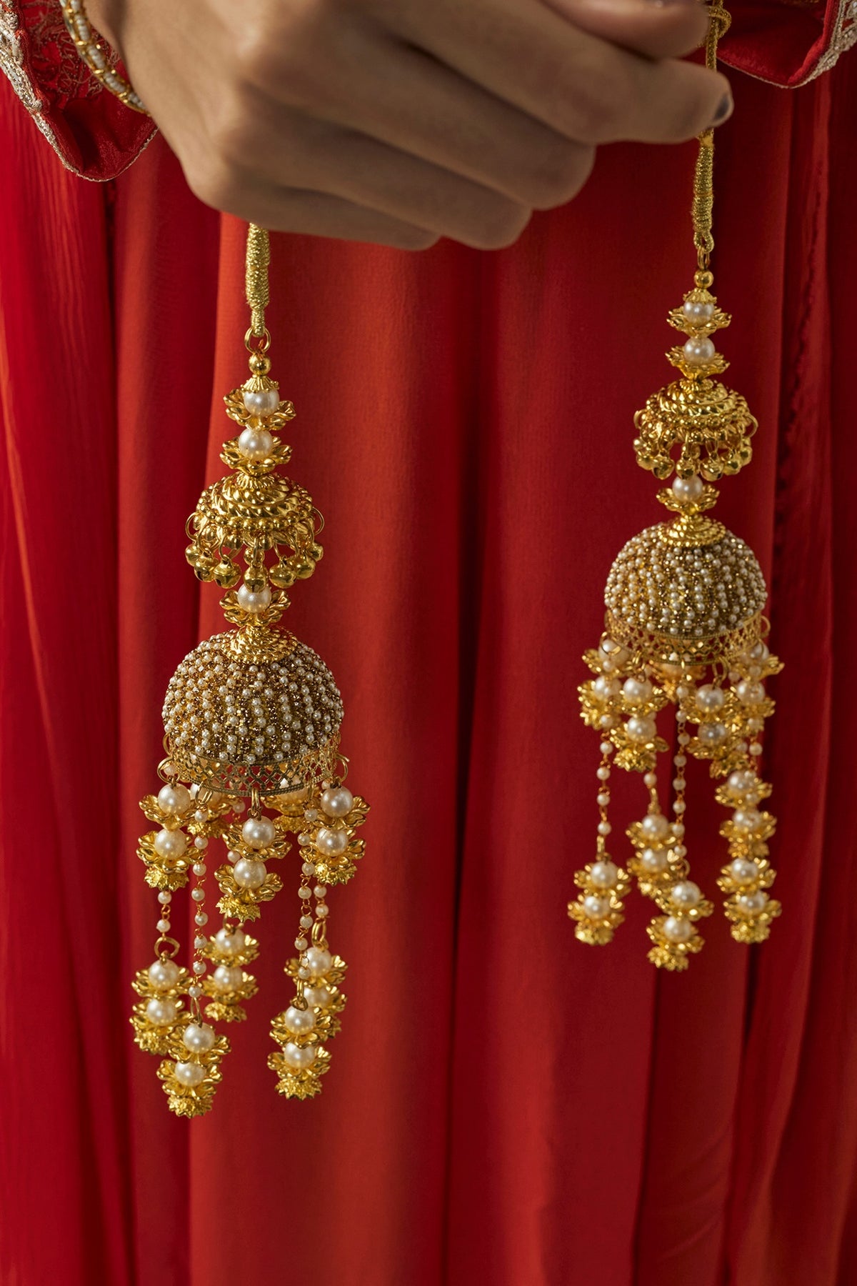 Gold Finish Kundan Polki & Pearl Strand Tying Kaleeras (Set Of 2)