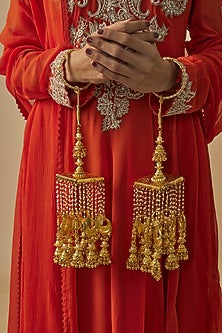 Gold Finish Kundan Polki & Pearl Strand Tying Kaleeras (Set Of 2)