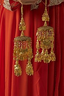 Gold Finish Kundan Polki & Pearl Strand Tying Kaleeras (Set Of 2)