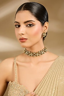 Gold Finish Green Kundan Polki & Pearl Floral Choker Necklace