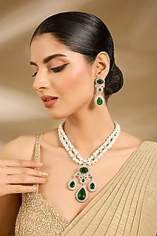 White Finish Pearl & Green Stone Long Necklace Set