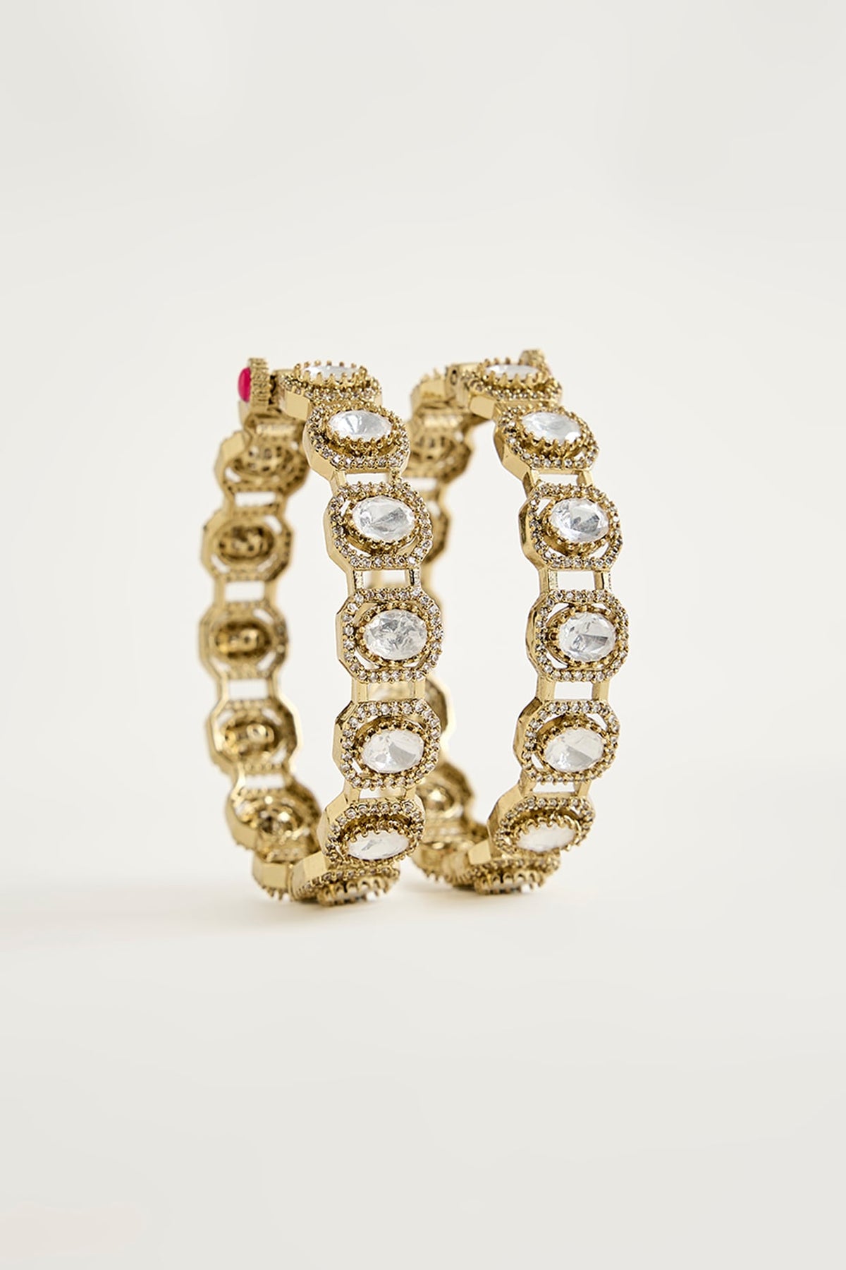 Antique Gold Finish Kundan Polki & Shimmering Stone Bangles (Set Of 2)