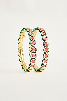 Antique Gold Finish Kundan Polki Enameled Bangles (Set Of 2)