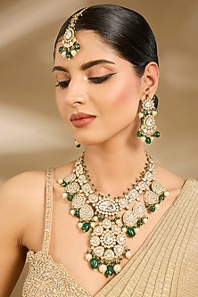 Gold Finish Kundan Polki & Green Beaded Long Necklace Set