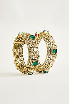Antique Gold Finish Kundan Polki & Emerald Bangles (Set Of 2)