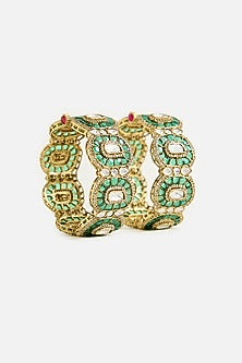 Gold Finish Kundan Polki & Green Stone Bangles (Set Of 2)