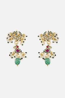 Gold Finish Green Beaded Long Necklace Set