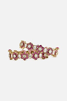 Gold Finish Ruby Kundan Polki Floral Bangles (Set Of 2)