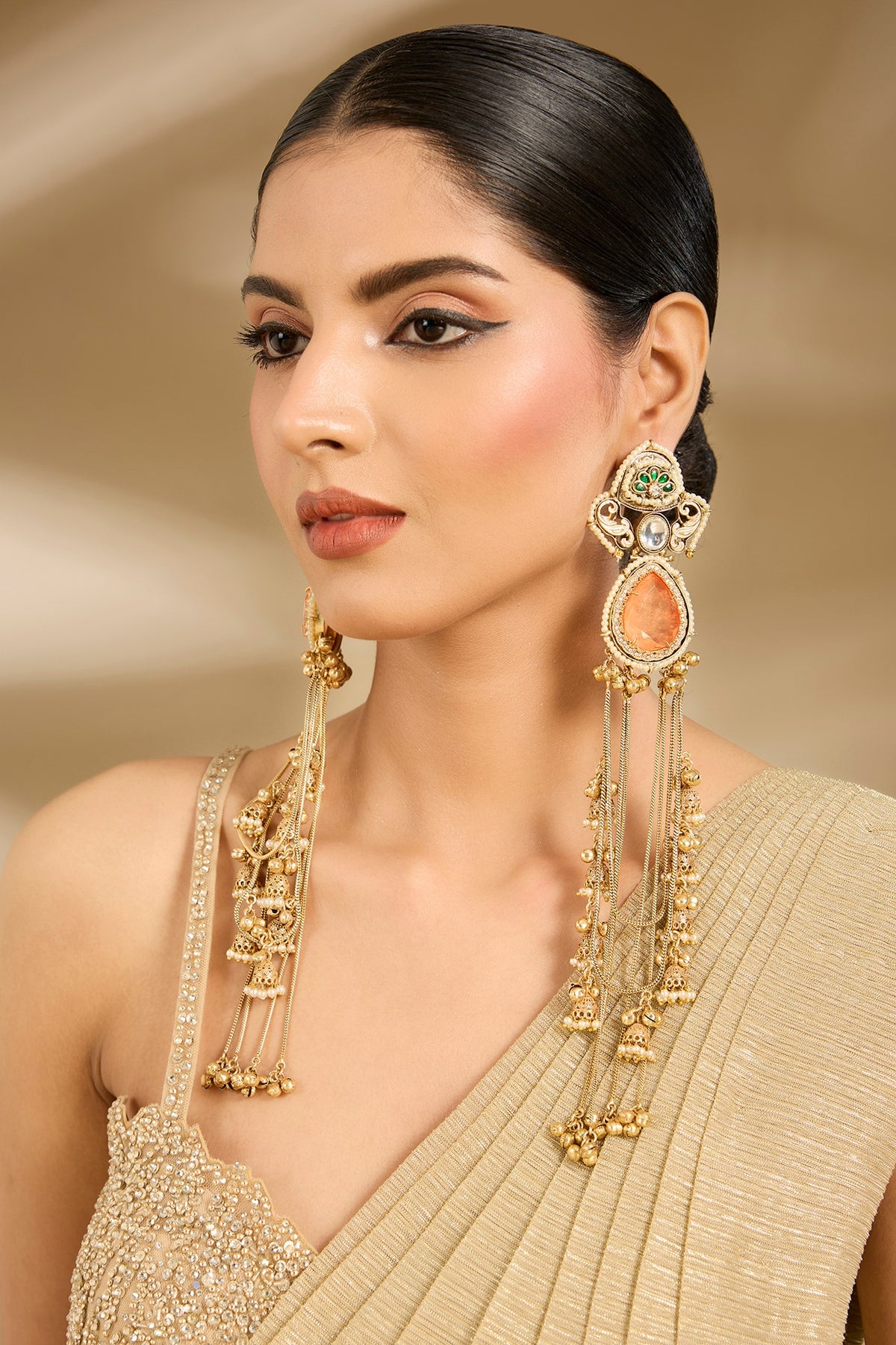 Gold Finish Orange Gemstone Long Dangler Earrings