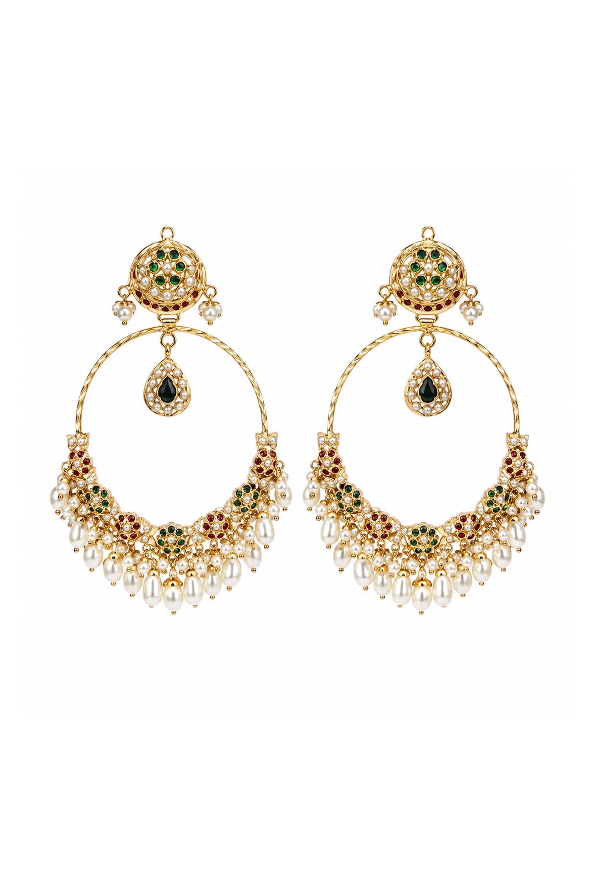 Gold Plated Green & Ruby Stone Jadau Floral Chandbali Earrings