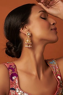 Gold Finish Kundan Polki Jhumka Earrings