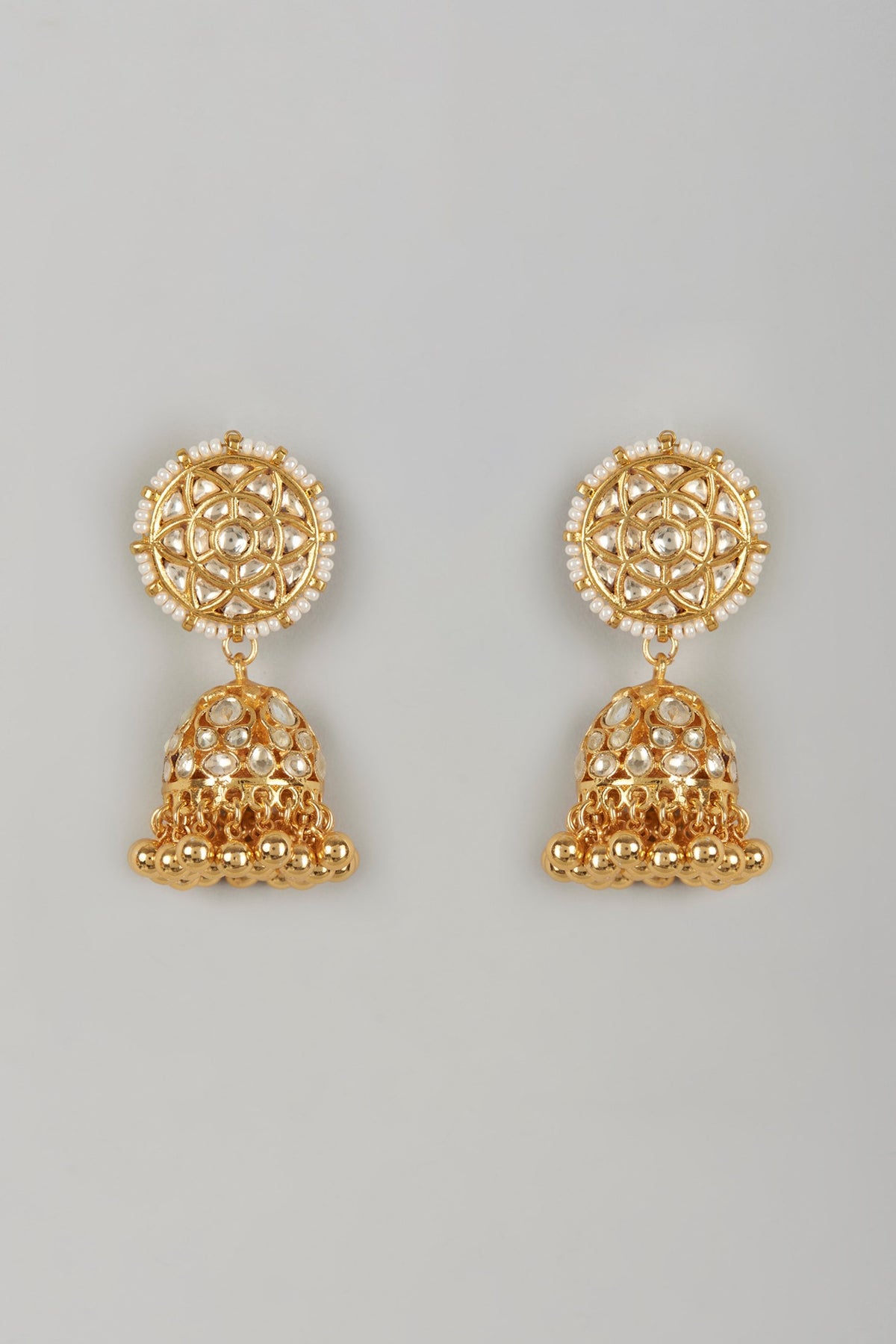 Gold Finish Kundan Polki & Pearl Jhumka Earrings