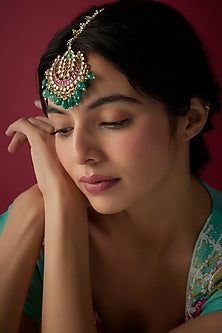 Gold Finish Green Kundan Polki Maangtikka