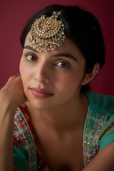 Gold Finish Green Kundan Polki Enameled Maangtikka